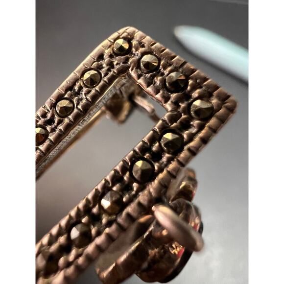 Vintage black onyx hearts and marcasite sterling silver pin brooch - Picture 10 of 11